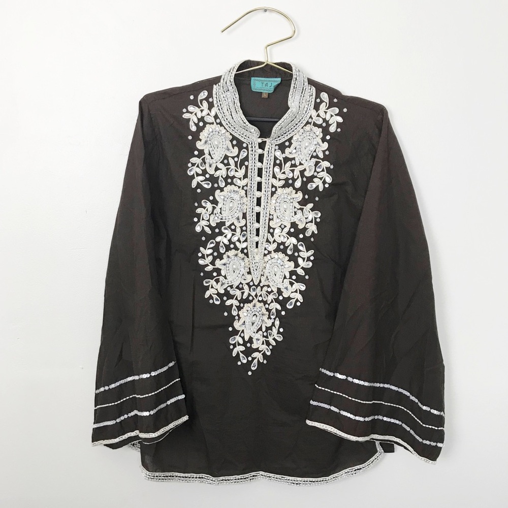 Taj Pullover Beach Tunic Brown Beaded Blouse